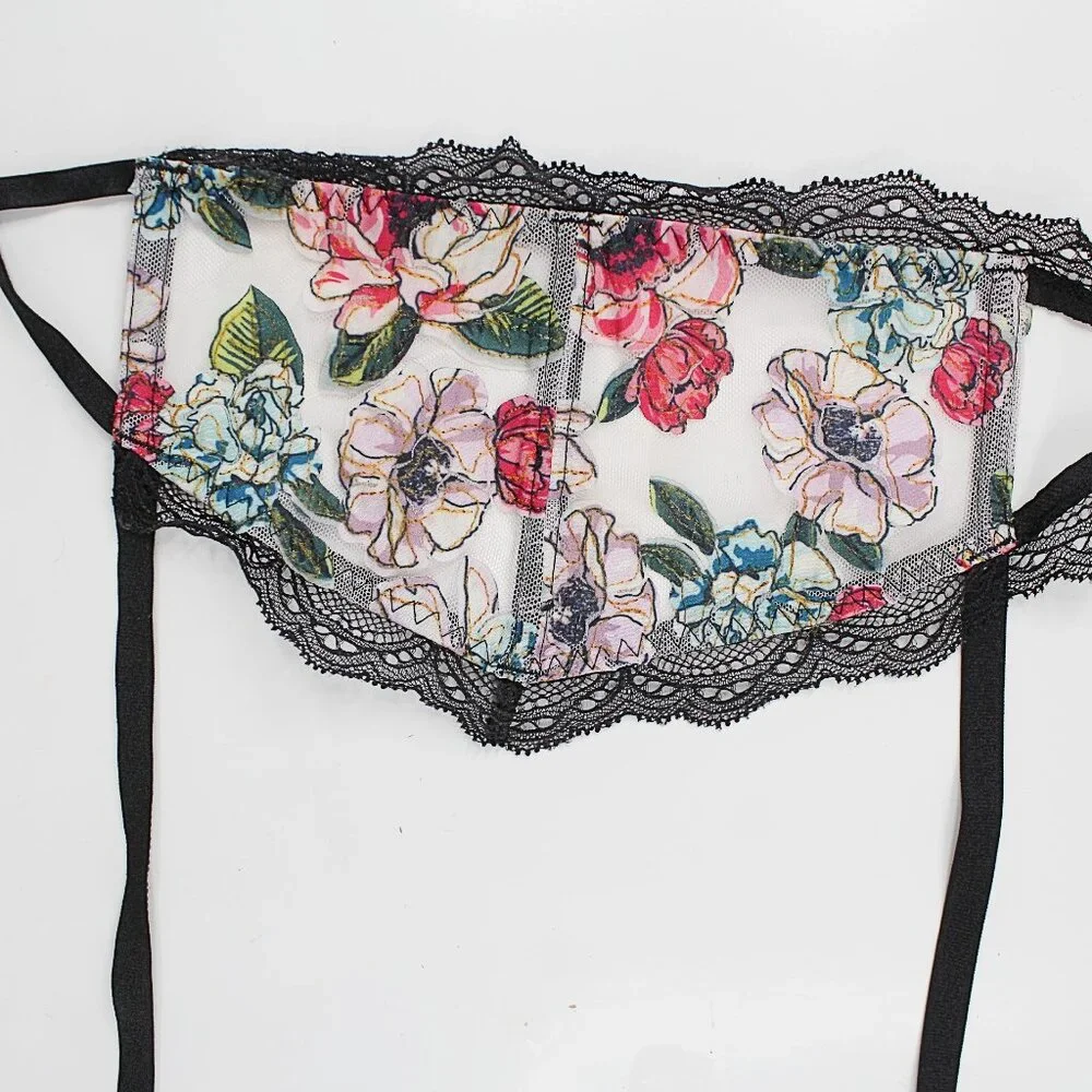 Victoria’s Secret Garter Belt Floral Lace Cutout Sheer Mesh M/L Gold Hardware - Picture 3 of 11